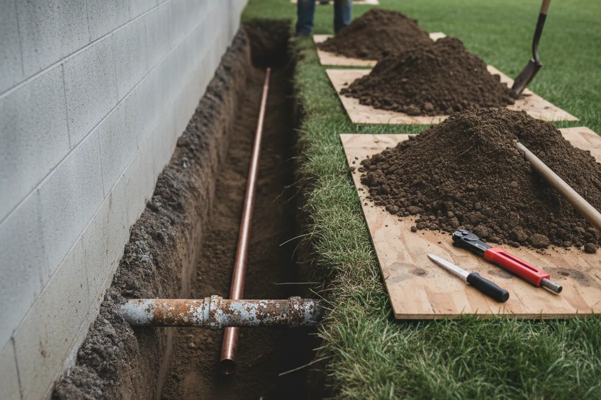 Excavated water line trench during Water Heater Repair in Mulino